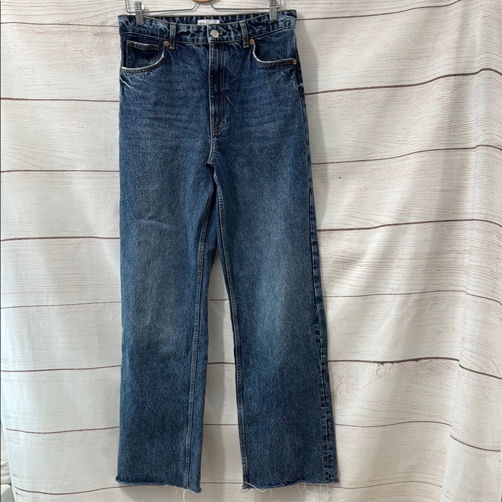 Women's blue denim wide leg high rise Classic Blue Denim Jeans Zara size 10